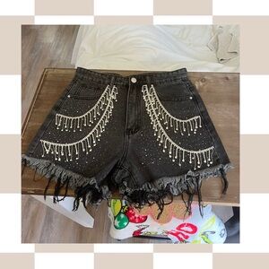 Fringe Embellished Black Denim Shorts